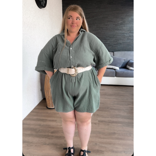 Combishort en gaze de coton kaki