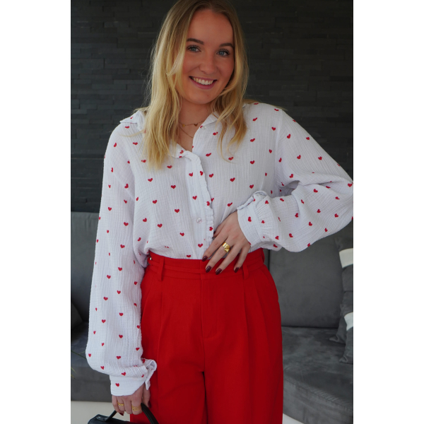 Chemise en gaze de coton coeurs brodés rouges