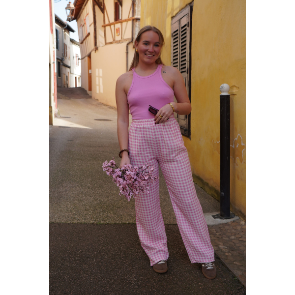Pantalon gaze de coton vichy rose CLEA