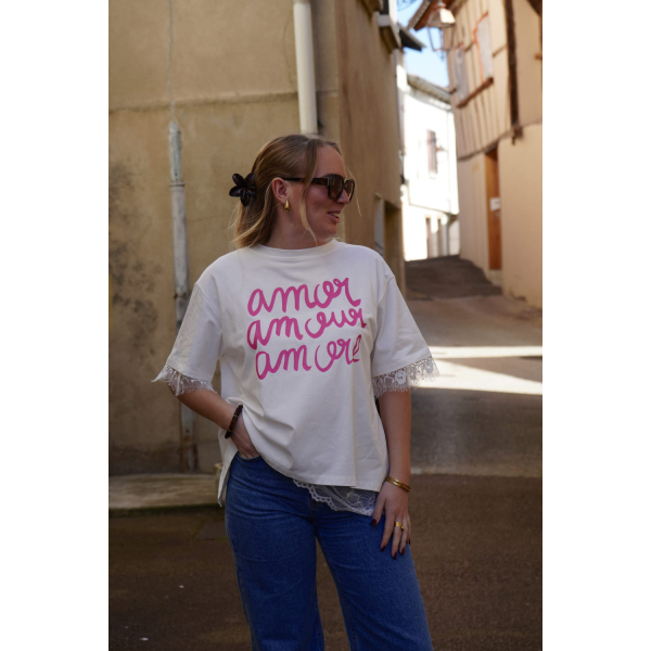 T-shirt AMOR blanc ouvert à dentelle