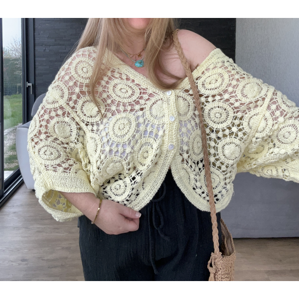 Gilet bohème en crochet jaune