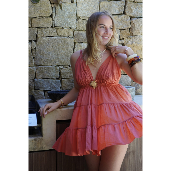 Robe courte broche soleil terracota