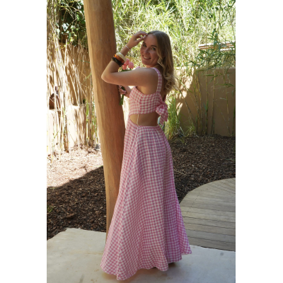 Robe longue vichy rose