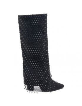 Bottes noires à revers en suédine avec filet de strass MADDY