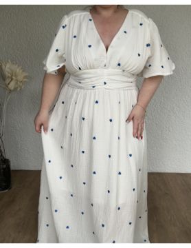 Robe longue en gaze de coton avec coeurs bleus