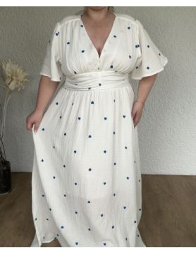 Robe longue en gaze de coton avec coeurs bleus