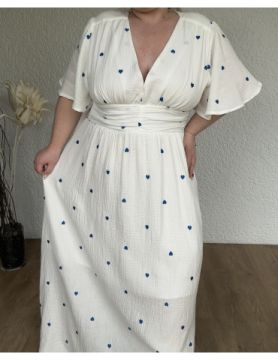 Robe longue en gaze de coton avec coeurs bleus