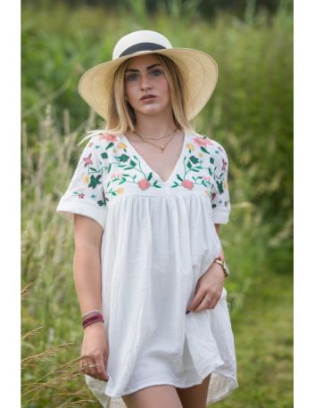 Robe short brodée en gaze de coton Maelys