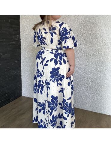 Robe longue manches courtes à fleurs bleues LUN