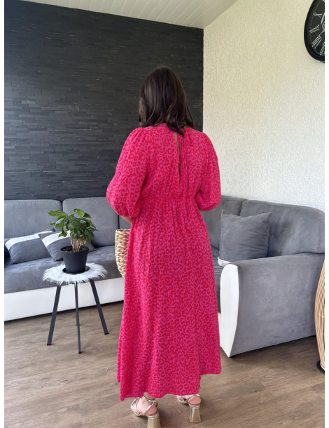 Robe longue en gaze de coton léopard rose foncé LAGOS