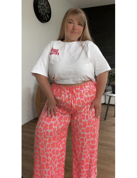 Pantalon fluide léopard fluo rose