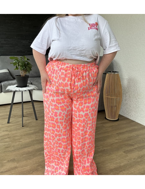 Pantalon léopard rose en gaze de coton